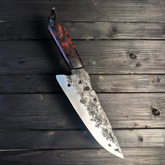 Chef knife - high carbon blade with holes in the spine and red handle