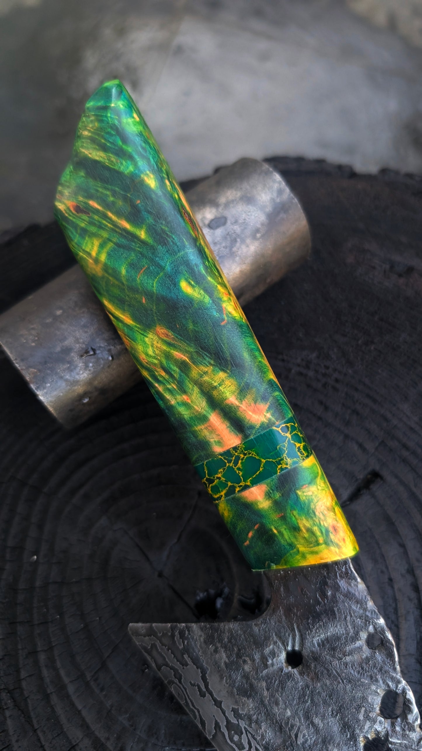 Chef knife - Damascus holes and green handle