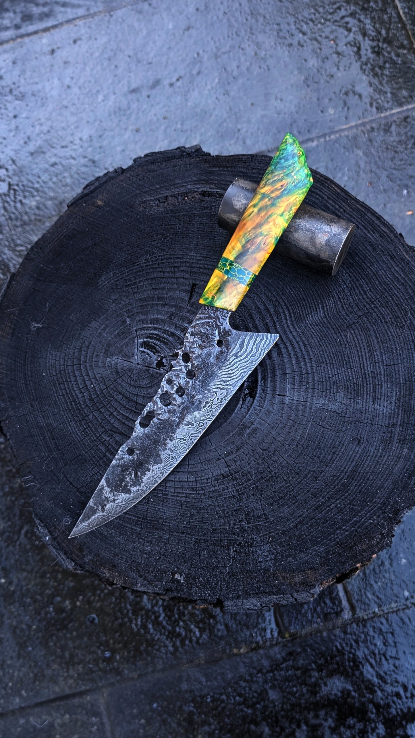 Chef knife - Damascus holes and green handle