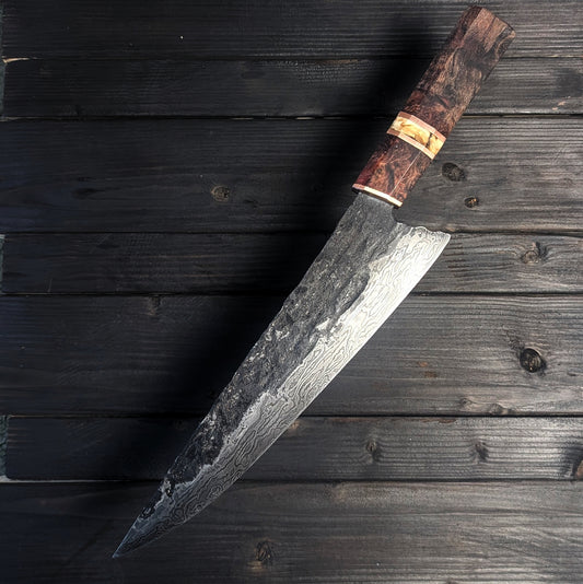 Damascus carver with copper and mammoth tooth handle