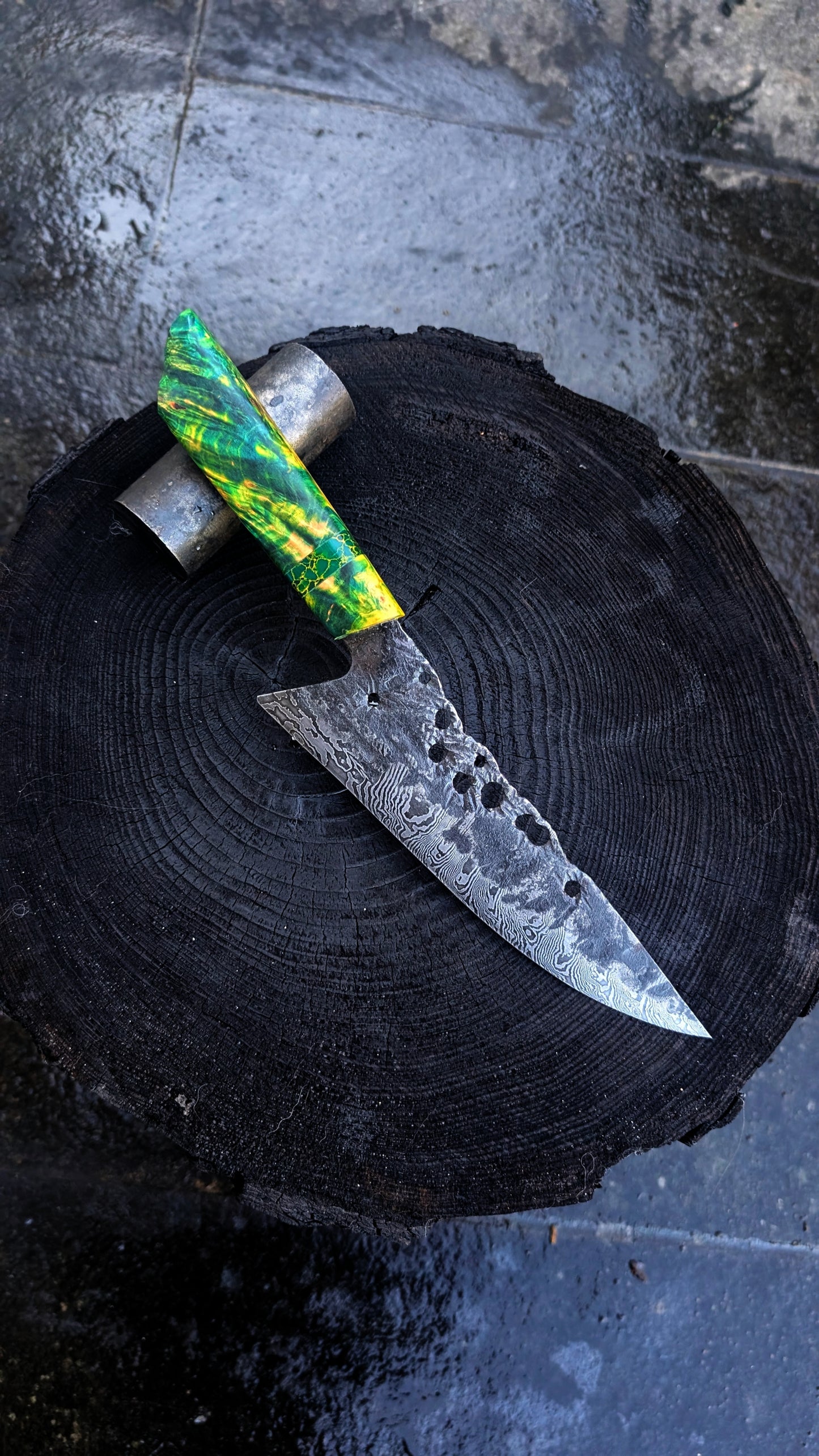 Chef knife - Damascus holes and green handle