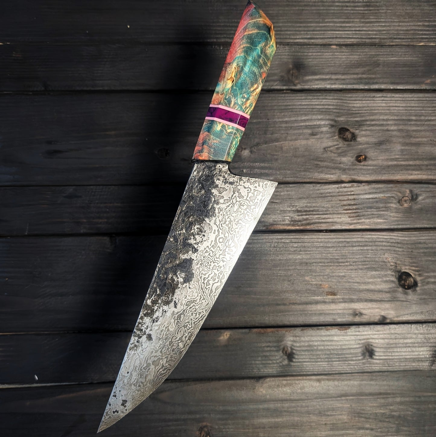 Chef knife - Damascus steel blade with a true stone handle spacer
