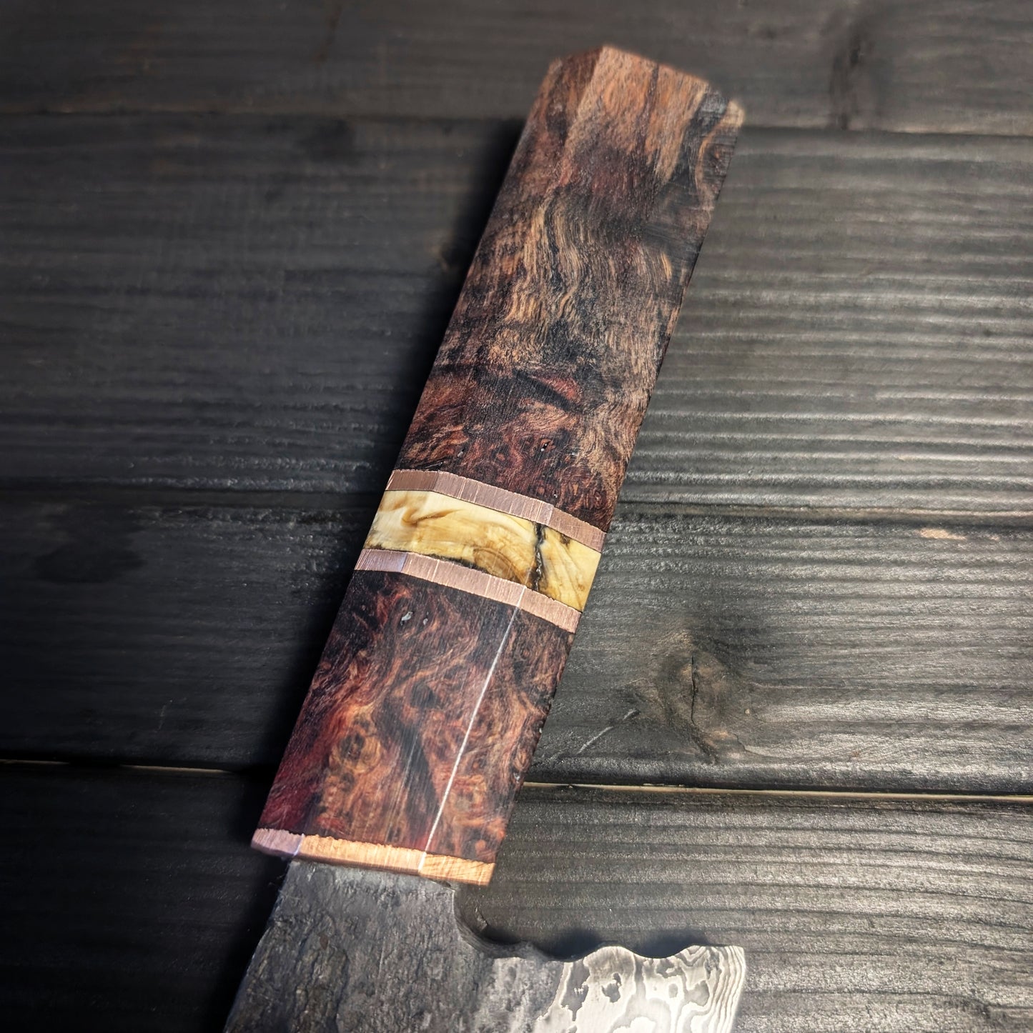Damascus carver with copper and mammoth tooth handle